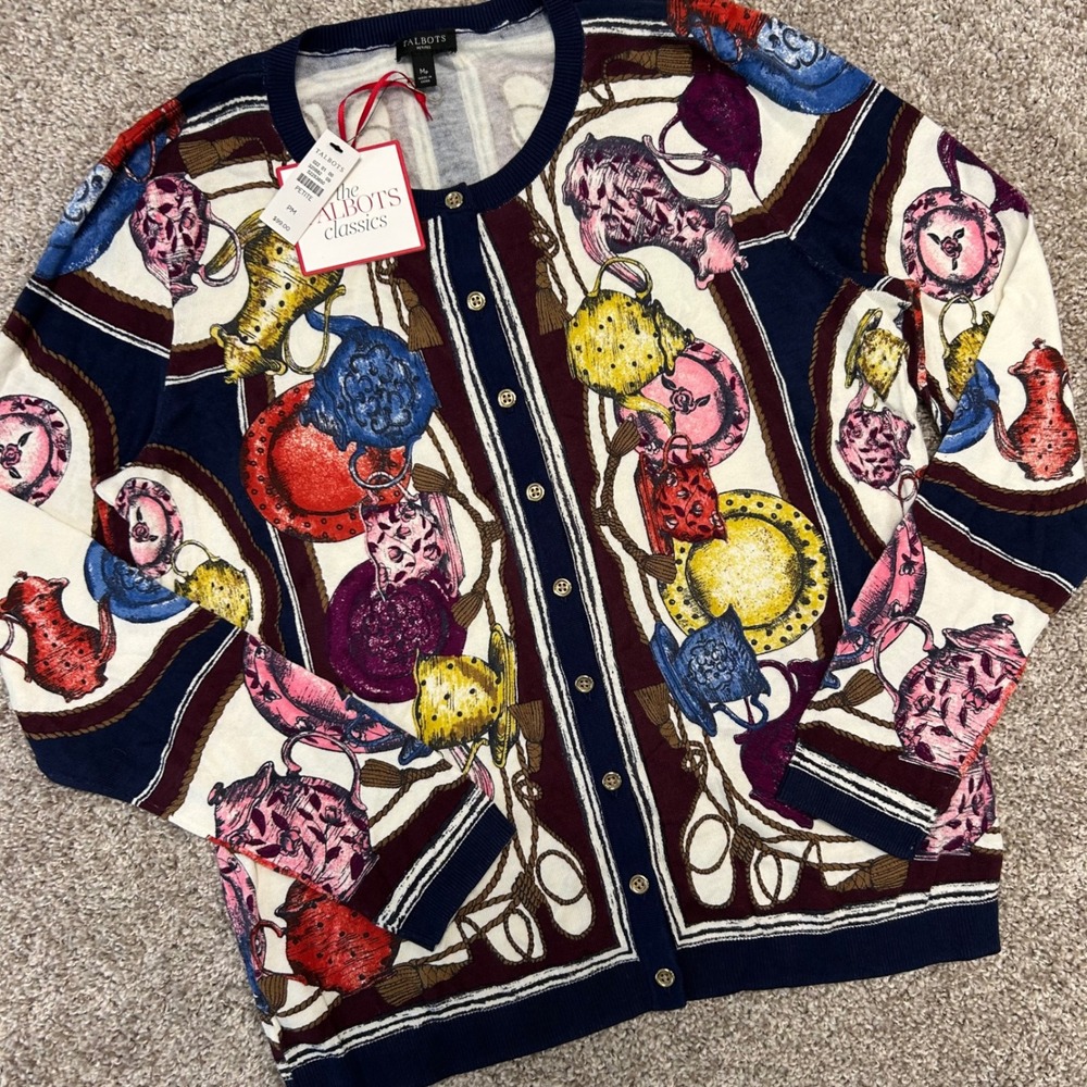 Talbots Medium‎ Petite Teapot Print Tea Party Cardigan Women NWT Button Front